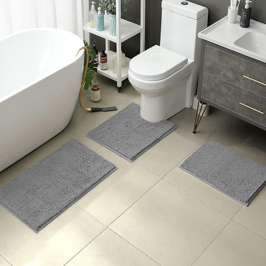 3-Piece Plush Chenille Bath Mat Set – Soft, Absorbent & Non-Slip (Dark Grey)